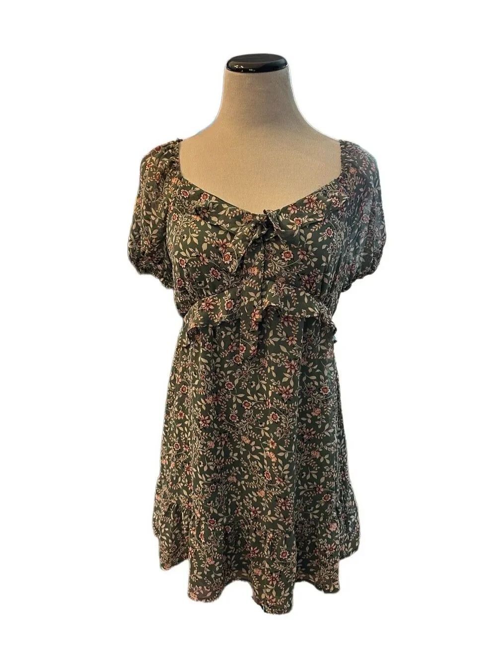 As U Wish Green Ditsy Floral Peasant Boho Milkmaid Dress Sz L